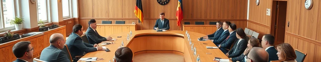 Formelles Meeting im Konferenzsaal: U-förmiger Holztisch, Geschäftsleute in Anzügen; zentrale Person spricht, Flaggen dahinter.