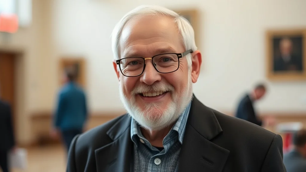 Lächelnder älterer Mann mit grauem Bart und Brille in einem Innenraum, unscharfer Hintergrund.