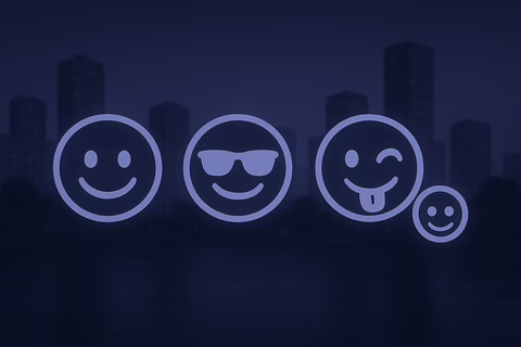Neon blue glowing smileys—happy, cool shades, winking tongue-out, tiny smile—over dark city skyline at night.