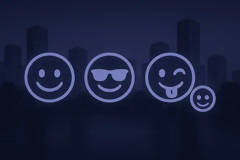 Neonblaue Smileys (lächelnd, mit Brille, zwinkernd mit Zunge, klein) vor dunkler Stadt-Skyline bei Nacht.