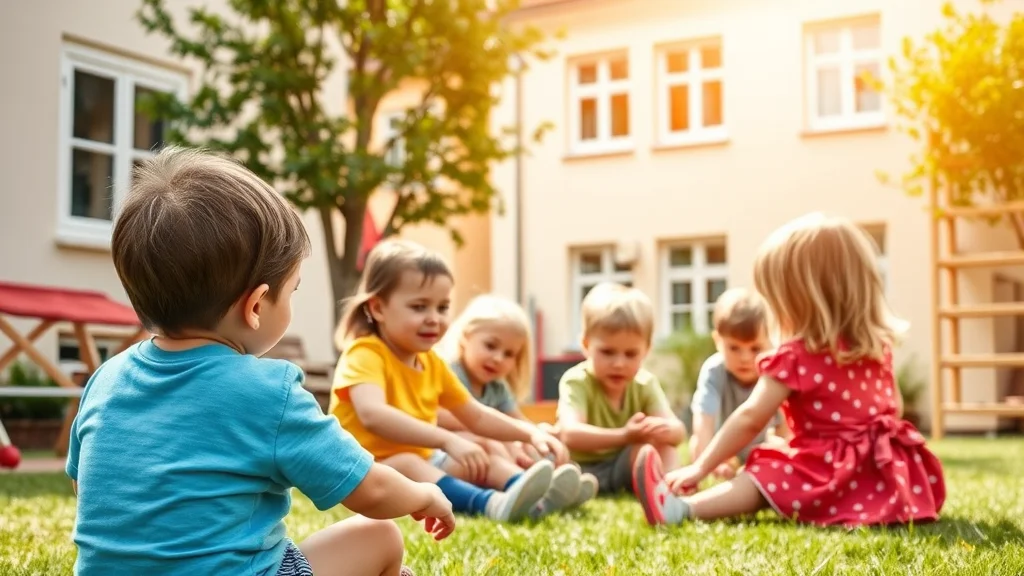 Gruppe von Kindern sitzt im Kreis auf dem Rasen im Garten, sonnig vor einem Wohnhaus mit Fenstern.