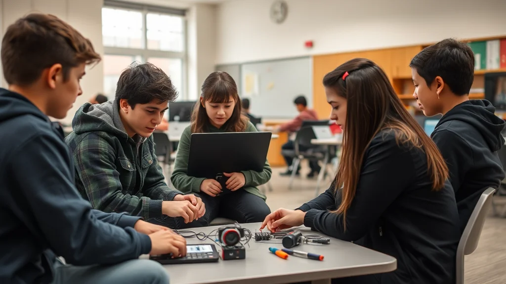 Fünf Schüler arbeiten in einer Klasse an einem Robotikprojekt am Tisch, mit kleinem Roboter, Kabeln, Werkzeugen und Laptop.