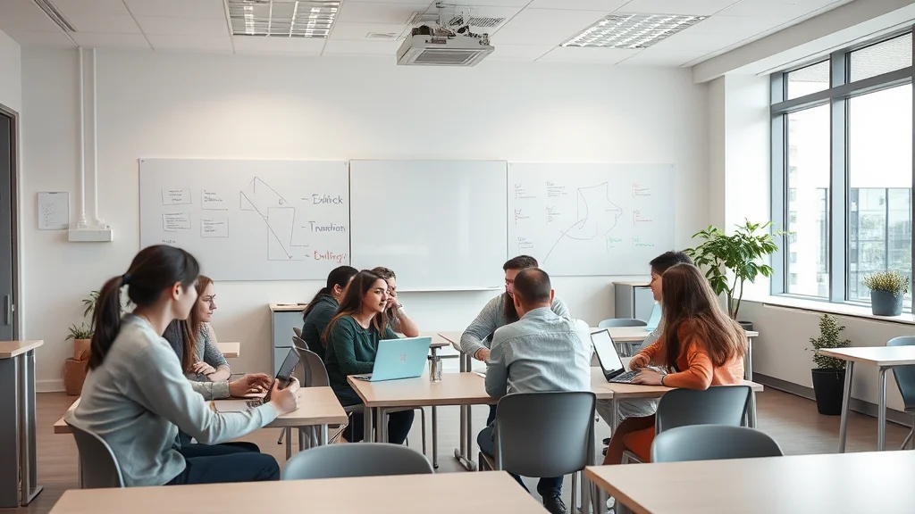 Gruppe Mitarbeitende sitzt an Tischen in modernem Seminarraum, arbeitet an Laptops; Whiteboards mit Diagrammen, Pflanzen.
