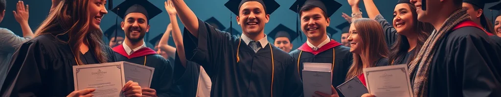 Jubelnde Absolventen in Talaren und Mützen halten Diplome auf beleuchteter Bühne.