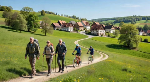 Älteres Paar wandert mit Rucksäcken und Stöcken, zwei Radfahrer auf staubigem Pfad durch grüne Hügel mit Fachwerkhäusern.