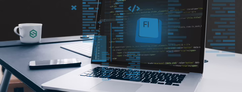 Laptop on desk showing code editor with blue Fluid app icon, mug, smartphone; holographic code overlays.