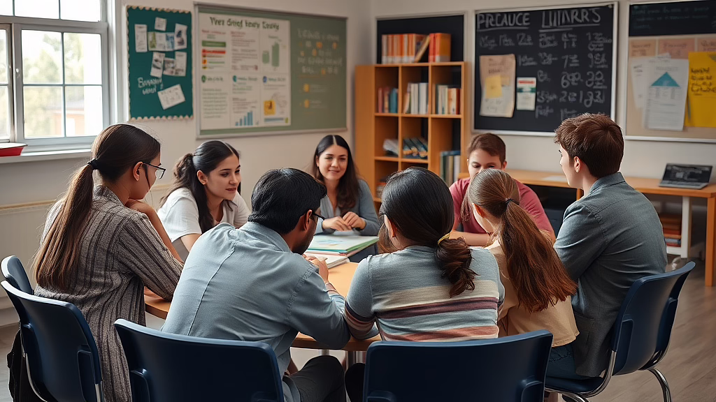Gruppe von Schülerinnen und Schülern sitzt um einen Tisch im Klassenzimmer und diskutiert.