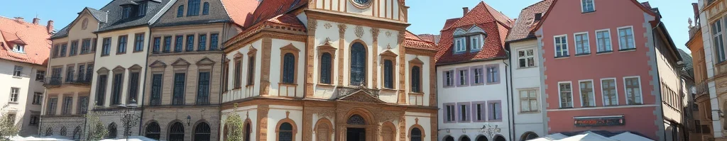 Historischer Stadtplatz mit bunten Fassaden, im Zentrum eine imposante Kirche, Straßencafés und zwei Personen, die gehen.
