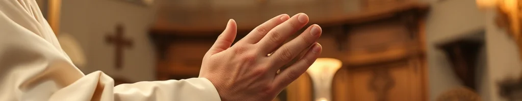 Nahaufnahme eines Priesters mit gefalteten Händen beim Gebet in einer Kirche; im Hintergrund Holzaltar, Kerze und Kreuz.