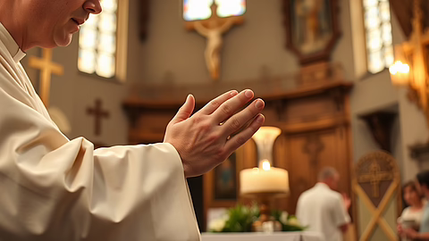 Nahaufnahme eines Priesters mit gefalteten Händen beim Gebet in einer Kirche; im Hintergrund Holzaltar, Kerze und Kreuz.