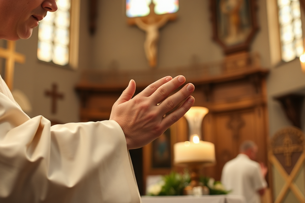 Nahaufnahme eines Priesters mit gefalteten Händen beim Gebet in einer Kirche; im Hintergrund Holzaltar, Kerze und Kreuz.