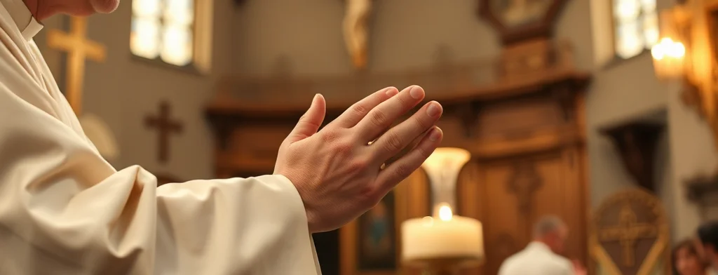 Nahaufnahme eines Priesters mit gefalteten Händen beim Gebet in einer Kirche; im Hintergrund Holzaltar, Kerze und Kreuz.