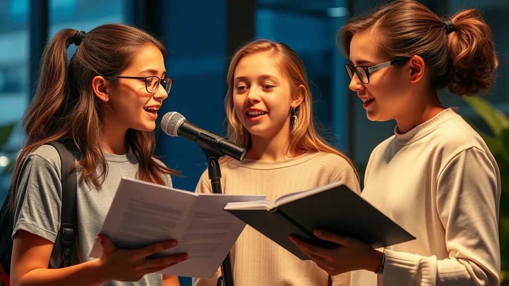 Drei junge Frauen singen gemeinsam vor dem Mikrofon, halten Notenblätter.