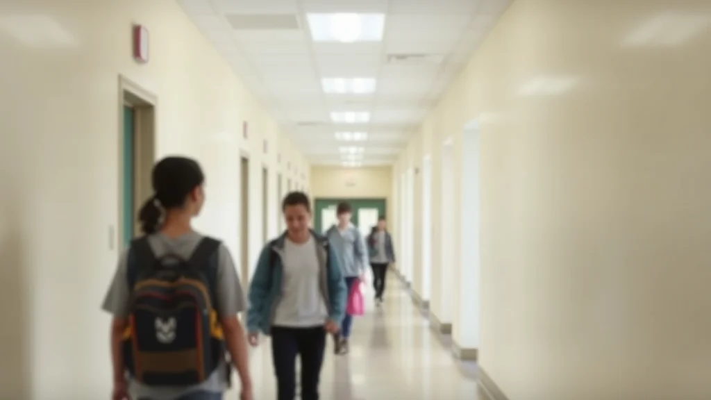 Heller Schulflur mit Schülern: Vorne eine mit Rucksack, unscharfe Gruppe im Hintergrund.