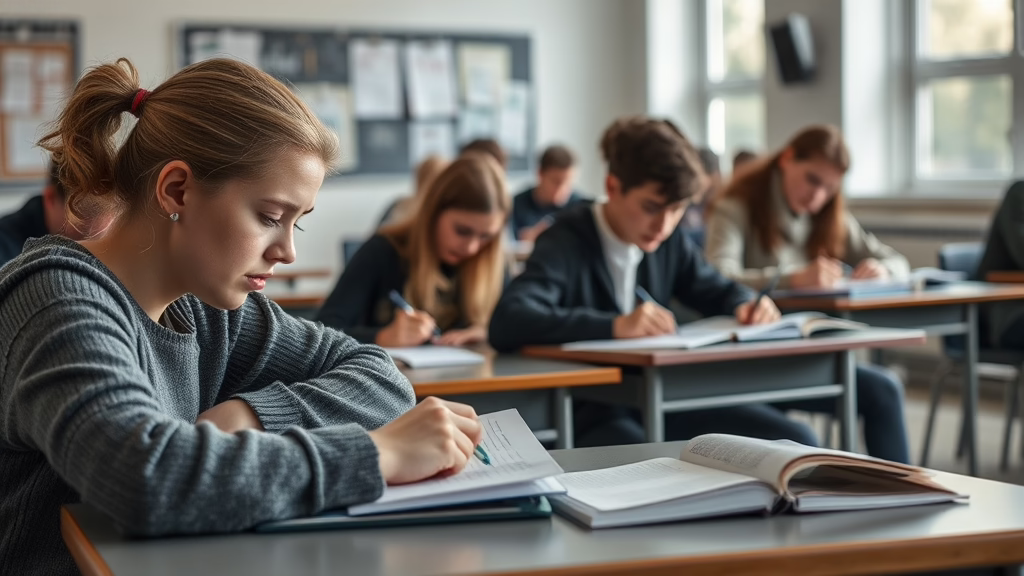 Eine junge Frau im grauen Pullover schreibt in ein Heft, vor ihr ein offenes Buch, im Hintergrund weitere Schüler beim Lernen.