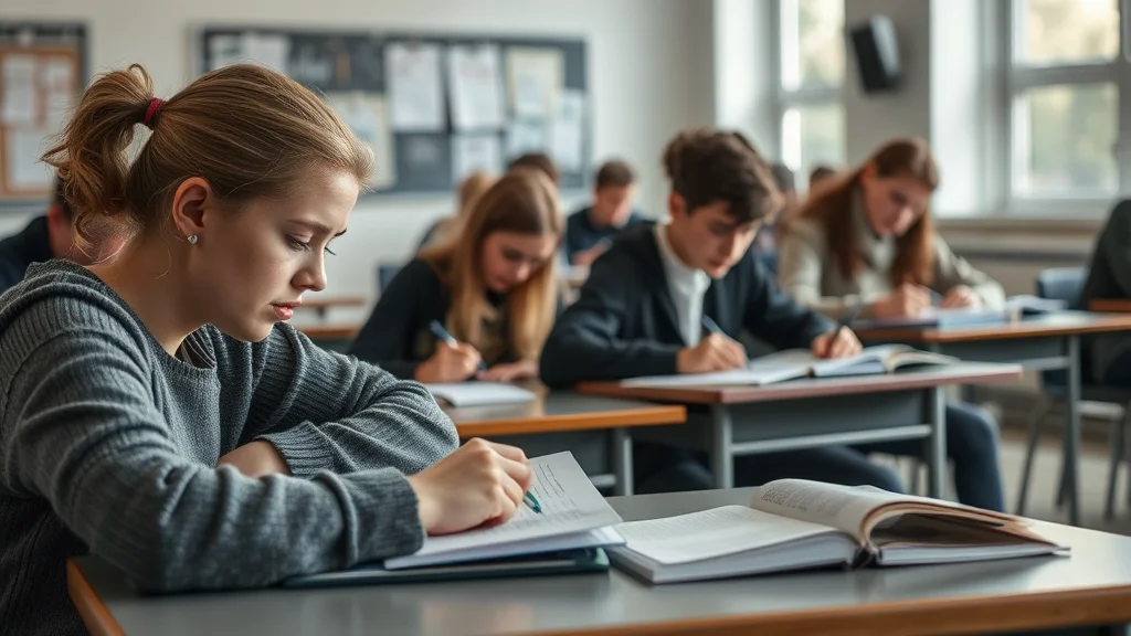 Eine junge Frau im grauen Pullover schreibt in ein Heft, vor ihr ein offenes Buch, im Hintergrund weitere Schüler beim Lernen.