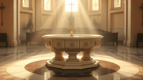 Heller Kircheninnenraum mit rundem Taufstein in der Mitte; Lichtstrahlen durch Fenster hinter dem Kreuz.