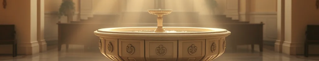 Heller Kircheninnenraum mit rundem Taufstein in der Mitte, Lichtstrahlen durch Fenster hinter dem Kreuz.