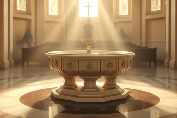 Heller Kircheninnenraum mit rundem Taufstein in der Mitte; Lichtstrahlen durch Fenster hinter dem Kreuz.