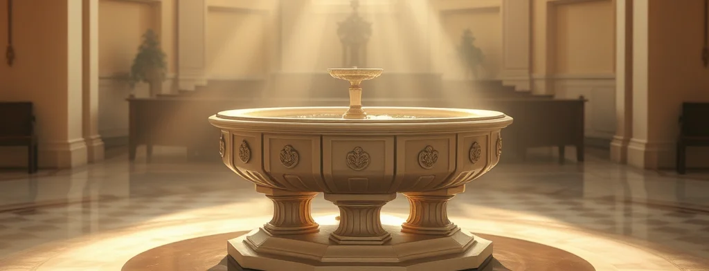 Heller Kircheninnenraum mit rundem Taufstein in der Mitte, Lichtstrahlen durch Fenster hinter dem Kreuz.