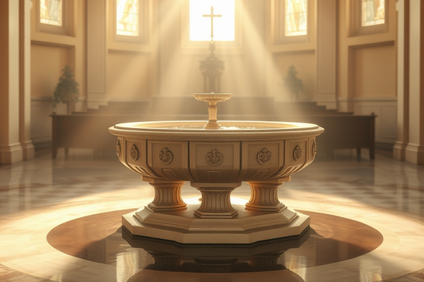 Heller Kircheninnenraum mit rundem Taufstein in der Mitte; Lichtstrahlen durch Fenster hinter dem Kreuz.