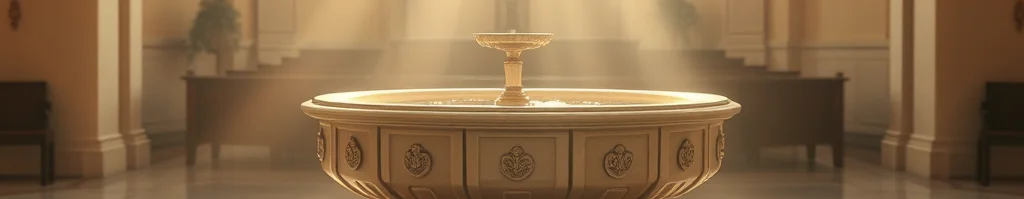 Heller Kircheninnenraum mit rundem Taufstein in der Mitte, Lichtstrahlen durch Fenster hinter dem Kreuz.