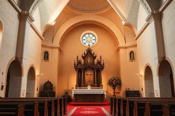 Innenansicht einer Kirche mit prunkvollem, geschnitztem Altar, rotem Teppich, Holzbänken und Bögen, warm beleuchtet.