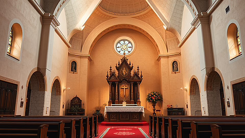 Innenansicht einer Kirche mit prunkvollem, geschnitztem Altar, rotem Teppich, Holzbänken und Bögen, warm beleuchtet.