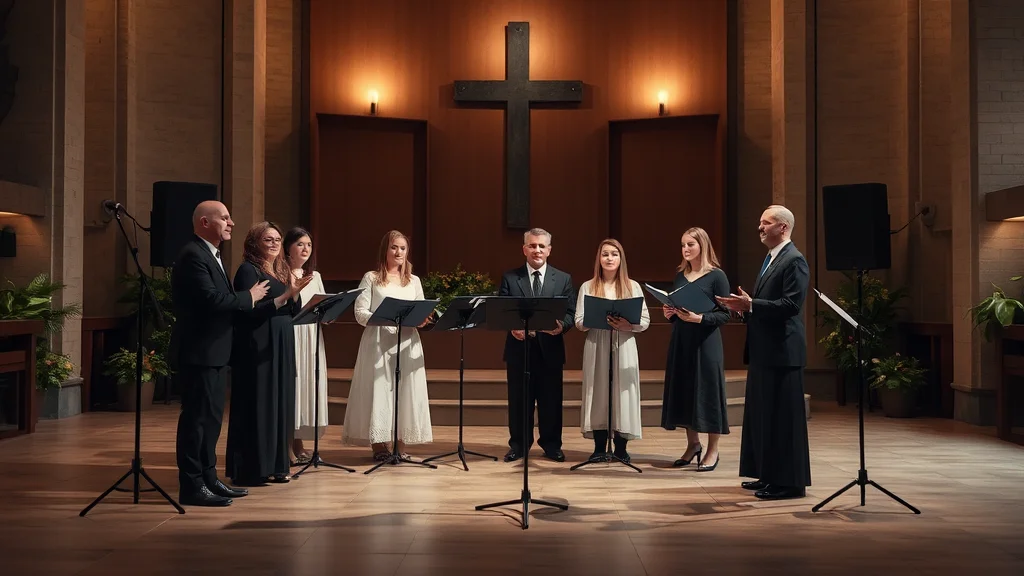 Chorgruppe in formeller Kleidung singt in einer Kirche vor einem großen Kreuz.
