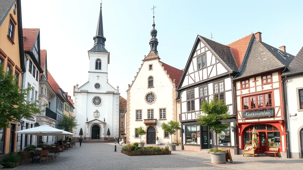 Historischer Stadtplatz mit zwei weißen Kirchtürmen links, Fachwerkhäusern rechts und Straßencafés im Vordergrund.