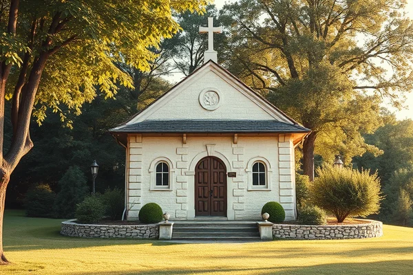 Kleine weiße Kapelle mit Kreuz auf dem Dach, dunkle Holztür und bogenförmige Fenster, von Bäumen und einer Steinmauer mit Sträuchern umgeben.