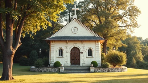 Kleine weiße Kapelle mit Kreuz auf dem Dach, dunkle Holztür und bogenförmige Fenster, von Bäumen und einer Steinmauer mit Sträuchern umgeben.