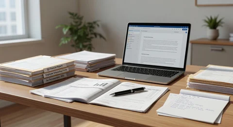 Arbeitsplatz: Holztisch mit Laptop, Papierstapeln, offenem Bericht, Stift, Topfpflanze und Fenster.