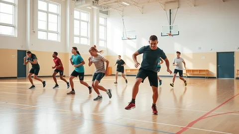 Gruppe Jugendlicher sprintet durch eine Schulturnhalle beim Sportunterricht, Basketballkörbe im Hintergrund.