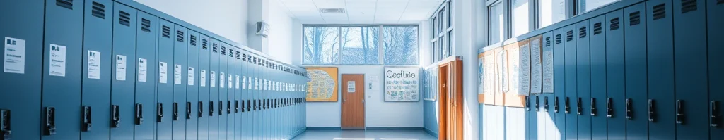 Heller Schulflur mit blauen Spinden links und rechts, glänzender Boden, Fenster am Ende, Pinnwände rechts.