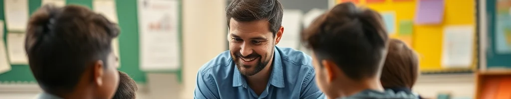 Lächelnder Lehrer mit drei Schülern am runden Tisch in hellem Klassenzimmer vor Tafel.