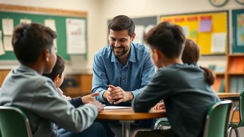 Lächelnder Lehrer diskutiert mit drei Kindern an einem Tisch im Klassenzimmer.