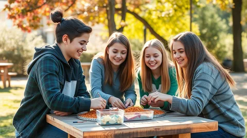 Vier Jugendliche sitzen draußen im Park an einem Holztisch, verteilen Zutaten aus Schalen und lachen.