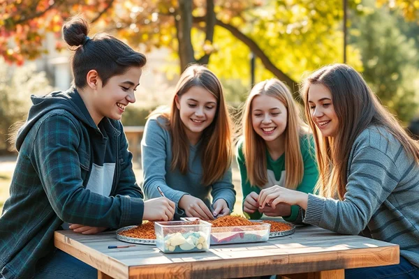 Vier Jugendliche sitzen draußen im Park an einem Holztisch, verteilen Zutaten aus Schalen und lachen.