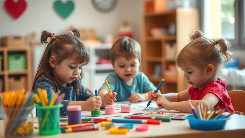 Drei Kleinkinder sitzen an einem Tisch und malen mit Buntstiften in einer Kita.