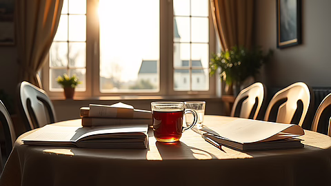 Vom Fensterlicht erhellter Esstisch mit offenen Büchern und einer Teetasse in der Mitte.