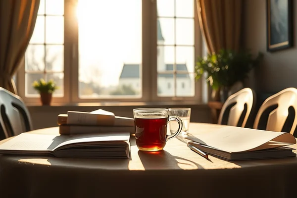 Vom Fensterlicht erhellter Esstisch mit offenen Büchern und einer Teetasse in der Mitte.