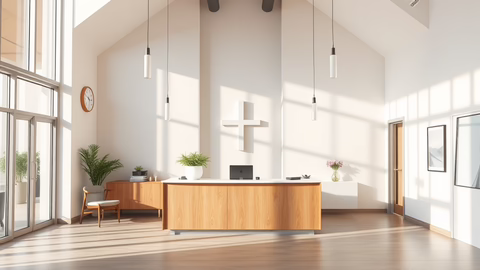 Moderne Rezeption mit Holztresen, Kreuz an der Wand, Pendelleuchten, Pflanzen und großen Glasfronten.