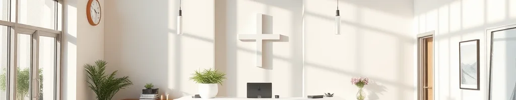 Moderne Rezeption mit Holztresen, Kreuzdekor an der Wand, Pendelleuchten, Pflanzen und großen Glasfronten.