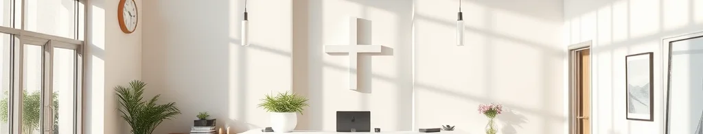 Moderne Rezeption mit Holztresen, Kreuzdekor an der Wand, Pendelleuchten, Pflanzen und großen Glasfronten.