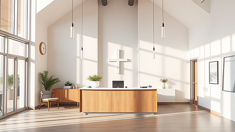 Moderne Rezeption mit Holztresen, Kreuz an der Wand, Pendelleuchten, Pflanzen und großen Glasfronten.