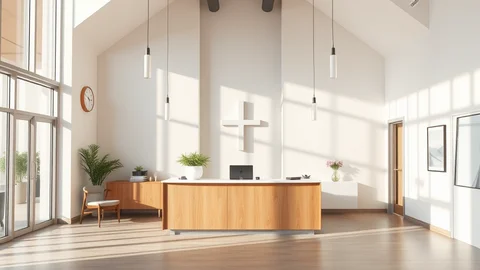 Moderne Rezeption mit Holztresen, Kreuz an der Wand, Pendelleuchten, Pflanzen und großen Glasfronten.