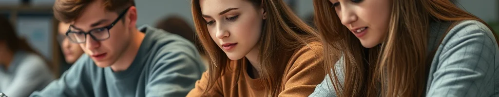 Drei Schüler (rothaariger Junge mit Brille, zwei Mädchen) schreiben konzentriert in offene Hefte am Holztisch im Klassenzimmer.