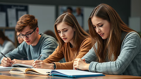 Drei Jugendliche schreiben konzentriert in offenen Heften am Tisch im Klassenzimmer.
