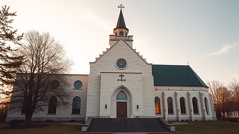 White church with tall steeple, cross, clock face, arched entrance on steps, side windows, green roof at sunset.